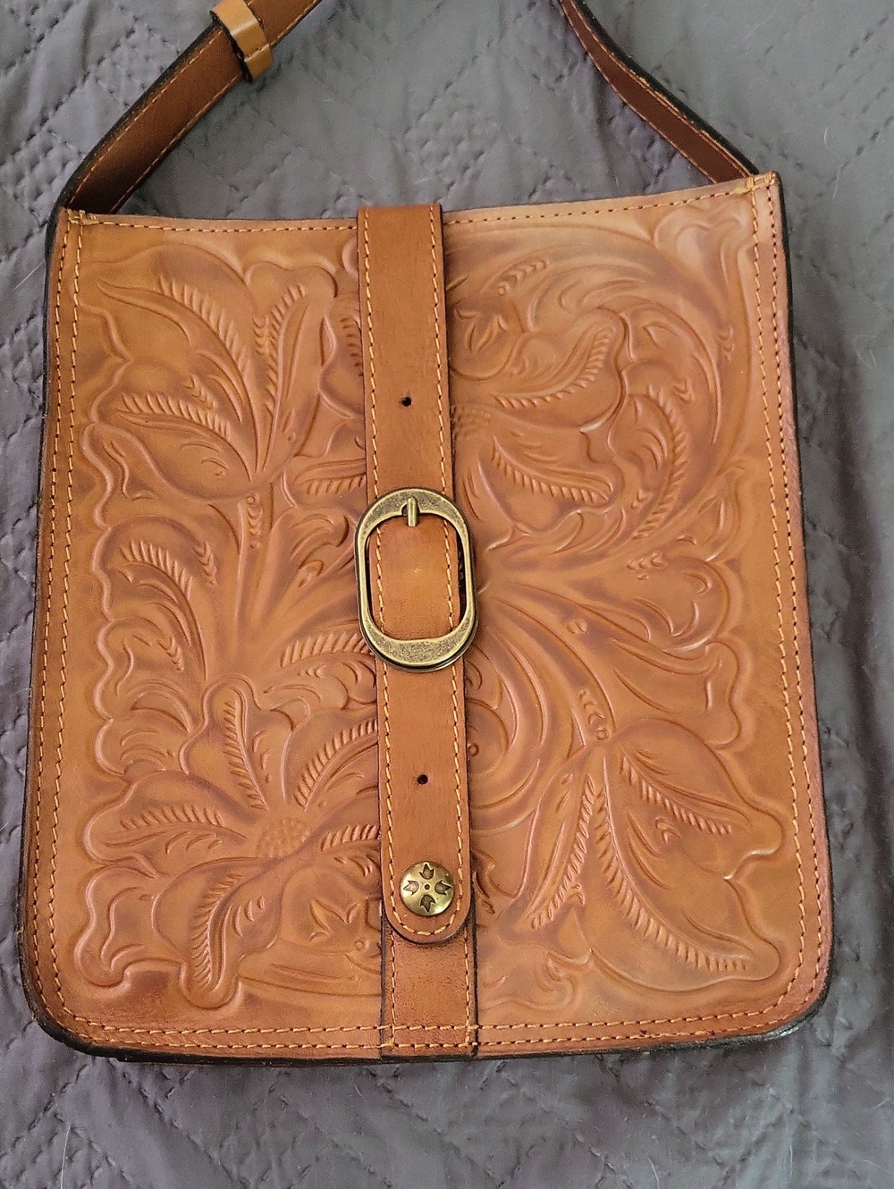Patricia Nash Tooled Leather Crossbody Bag in Cognac Tan